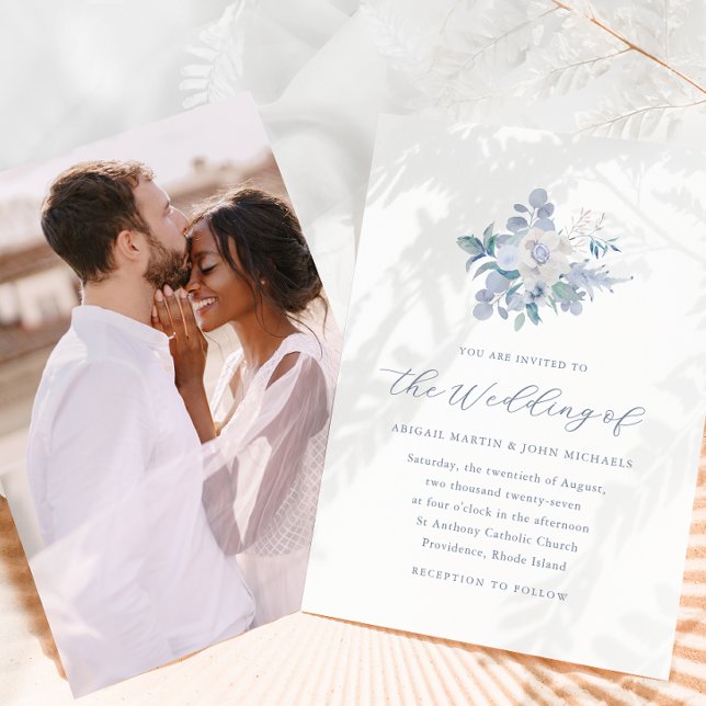 Chic Blue Airy Floral Photo Wedding Invitation (Creator Uploaded)
