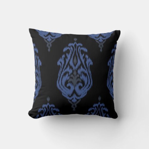 Chic blue and black damask tribal ikat print throw pillow