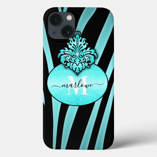 Chic Blue and Black Zebra Stripes Name Monogram Case-Mate iPhone Case (Back)