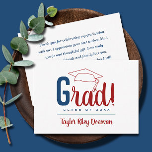 Chic Blue and Cardinal Red Grad Cap Graduation Note Card