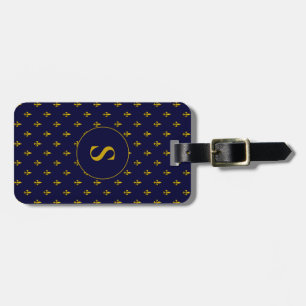 Chic Blue and Gold Fleur de Lis Pattern Monogram Luggage Tag