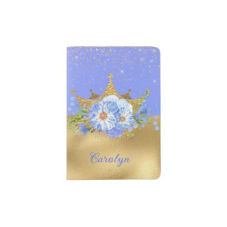 Chic Blue and Gold Floral Crown Passport Holder