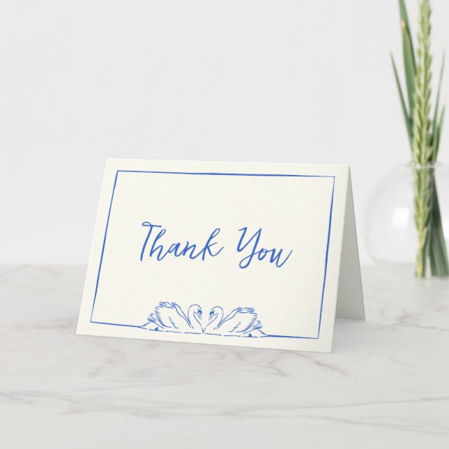 Chic Blue and Ivory Hand Drawn Swan Thank You Card (Front)