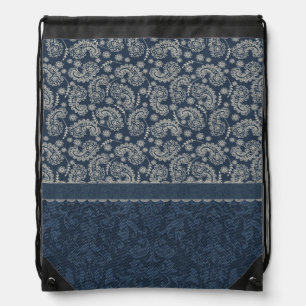Chic Blue and Ivory Paisley Drawstring Backpack