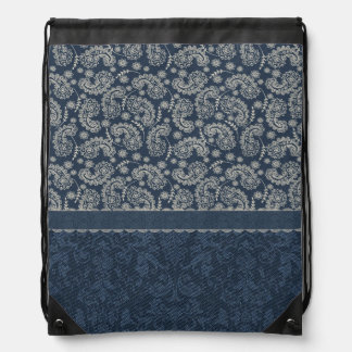 Chic Blue and Ivory Paisley Drawstring Backpack
