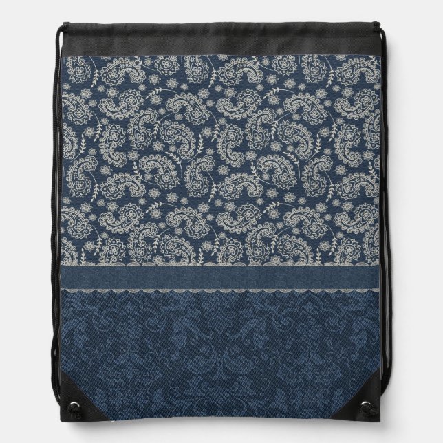 Chic Blue and Ivory Paisley Drawstring Backpack (Front)