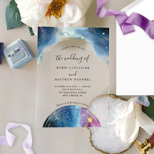 Chic Blue and Purple Watercolor Celestial Wedding Acrylic Invitations