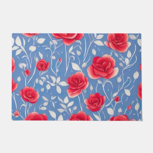 Chic Blue and Red Watercolor Floral Pattern Doormat