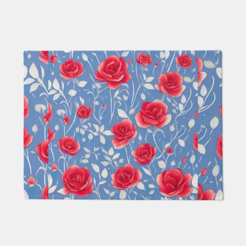 Chic Blue and Red Watercolor Floral Pattern Doormat