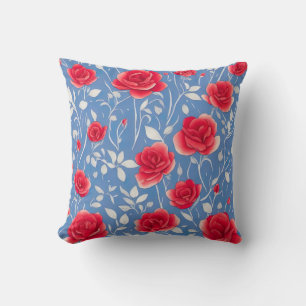 Chic Blue and Red Watercolor Floral Pattern Throw Pillow