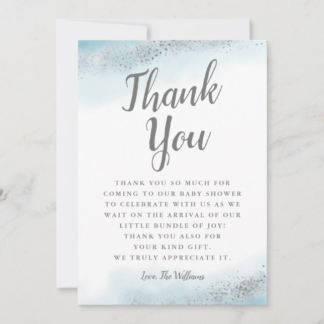 Chic Blue and Silver Glitter Baby Shower Thank You Card (Front)