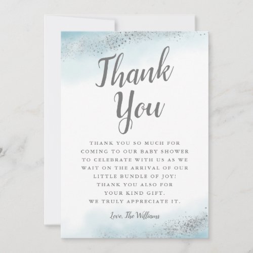 Chic Blue and Silver Glitter Baby Shower Thank You Card