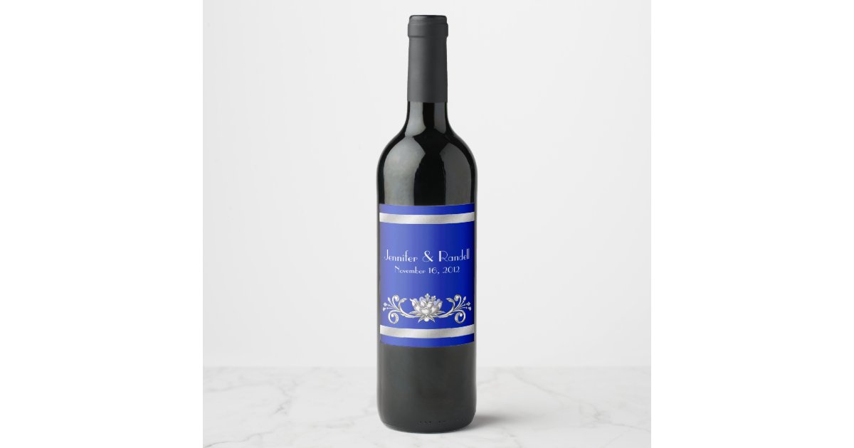 Chic Blue and Silver Wedding Wine Label | Zazzle