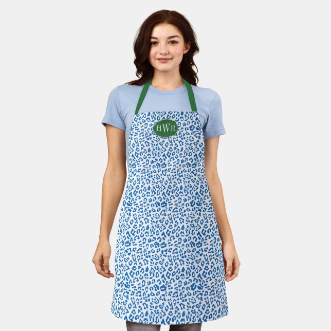 Chic Blue And White Animal Print Green Monogram Apron (Worn)