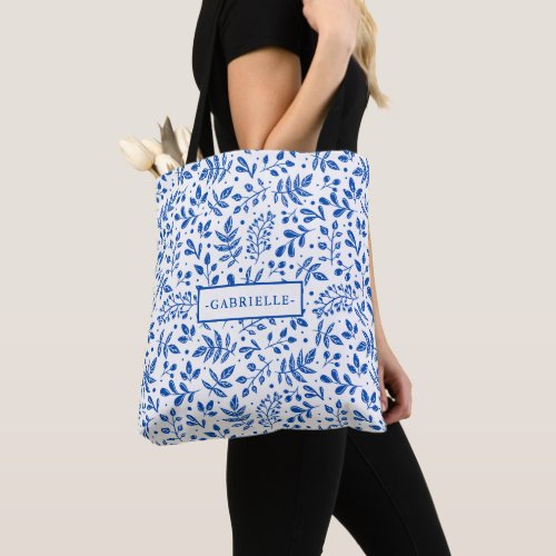 Chic Blue and White Botanical Pattern with Name Tote Bag