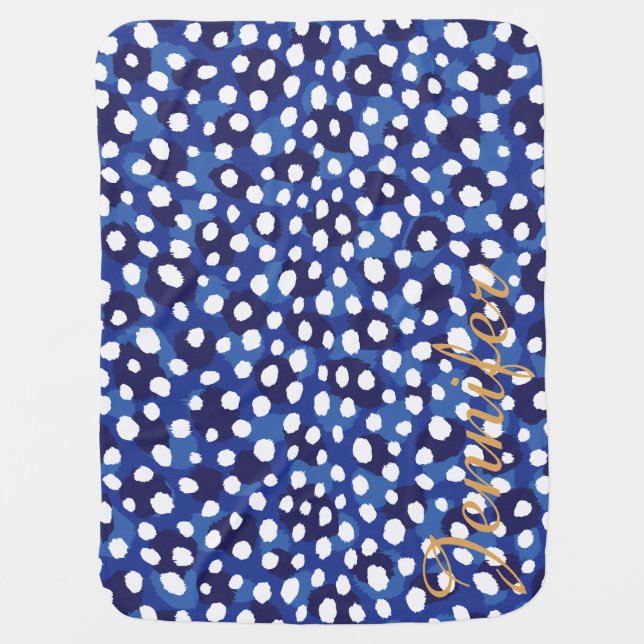 Chic blue and white cheetah print monogram baby blanket (Front)