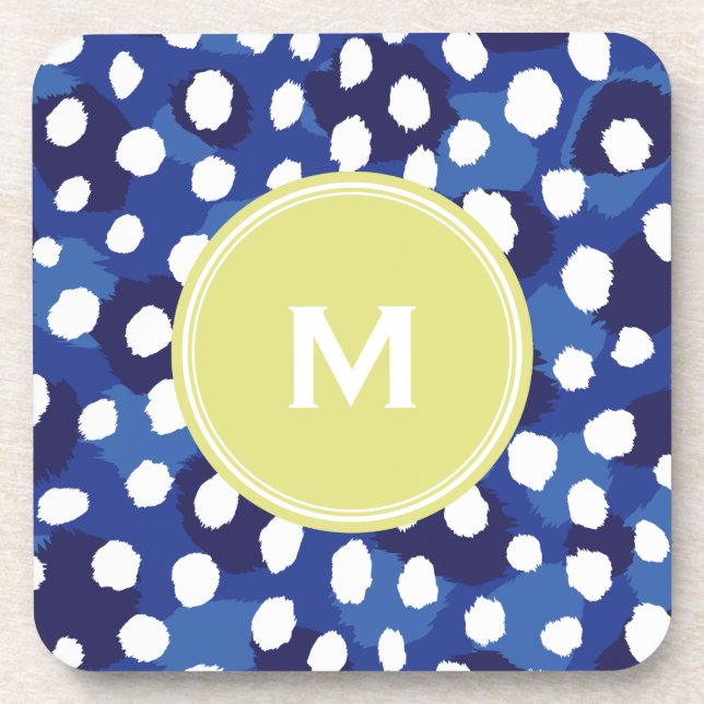 Chic blue and white cheetah print monogram drink coaster (Front)