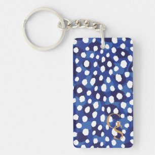 Chic blue and white cheetah print monogram keychain