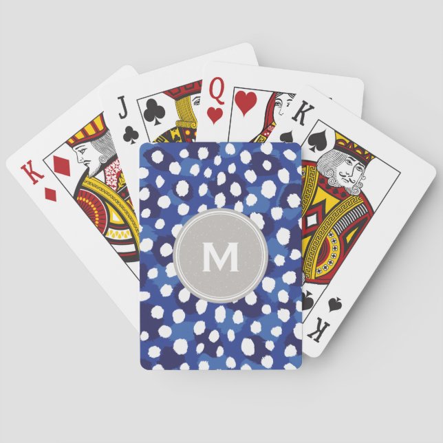 Chic blue and white cheetah print monogram poker cards (Back)