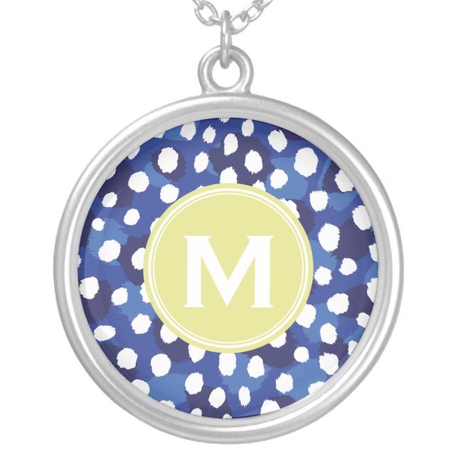 Chic blue and white cheetah print monogram silver plated necklace (Front)