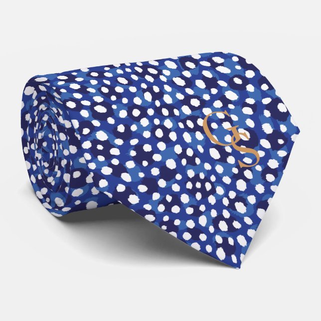 Chic blue and white cheetah print monogram tie (Rolled)