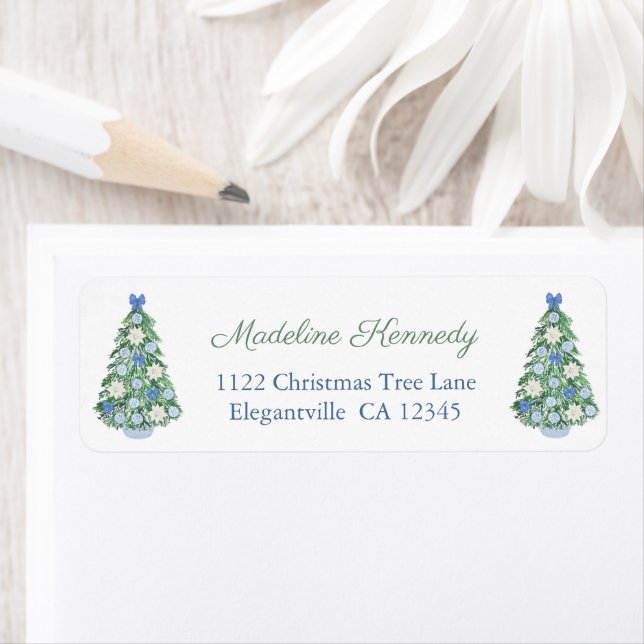 Chic Blue And White Christmas Tree Return Address Label (Insitu)