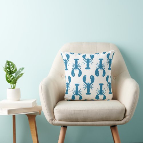 Chic Blue and White Coastal Lobster Patterned Throw Pillow