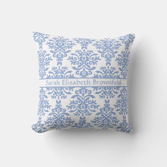Chic Blue and White Damask Pretty Pattern Throw Pillow (Front)