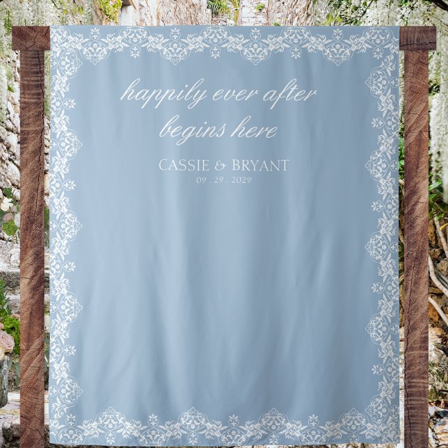Chic Blue and White Fairytale Wedding Backdrop (chic dusty blue wedding photo backdrop happily ever after saying bride groom date tapestry)