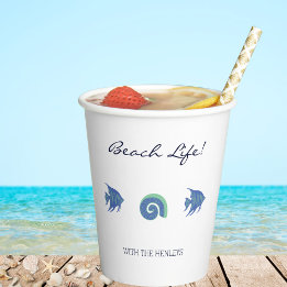 Chic Blue and White Fish and Shells Beach House Paper Cups