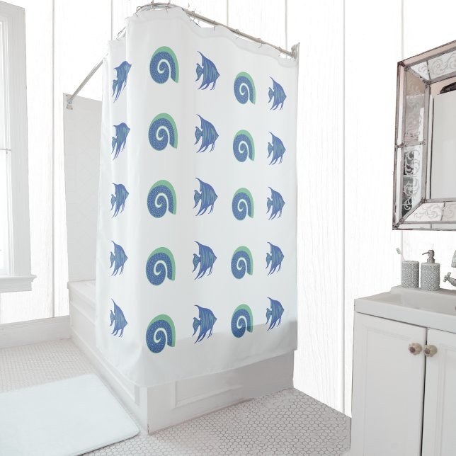 Chic Blue and White Fish Shell Beach House Shower Curtain (Creator Uploaded)