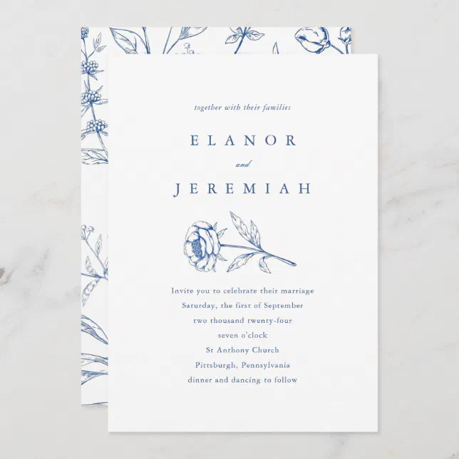 Chic Blue and White Floral Wedding Invitation | Zazzle