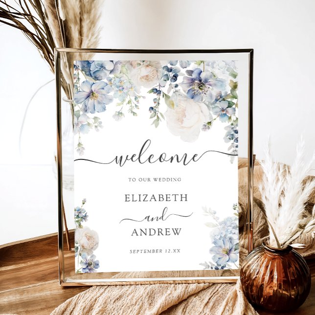 Chic Blue and White Floral Wedding Welcome Poster (Creator Uploaded)