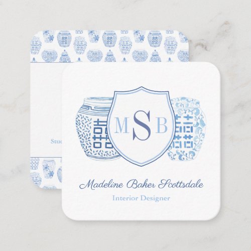 Chic Blue And White Ginger Jar Designer Calling Square Business Card