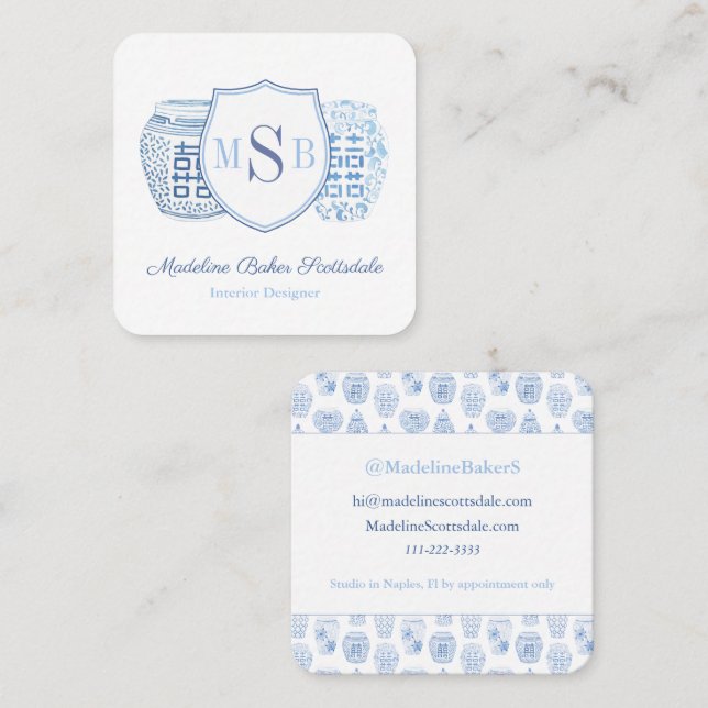 Chic Blue And White Ginger Jar Designer Calling Square Business Card (Front/Back)