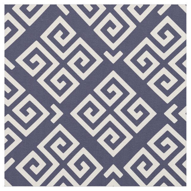 Chic blue and white greek key geometric patterns fabric (Close Up)