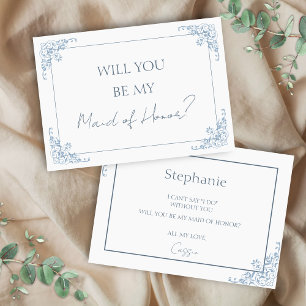 Chic Blue and White Maid of Honor Proposal Card