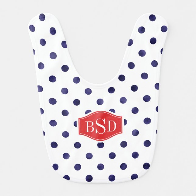 Chic blue and white polka dots patterns monogram baby bib (Front)