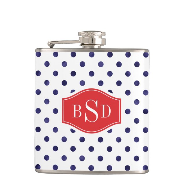 Chic blue and white polka dots patterns monogram hip flask (Front)