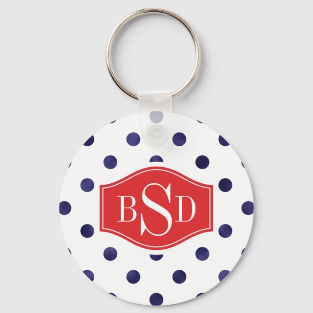 Chic blue and white polka dots patterns monogram keychain (Front)
