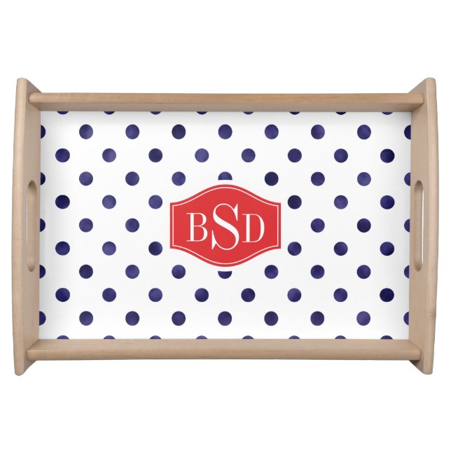 Chic blue and white polka dots patterns monogram serving tray (Front)
