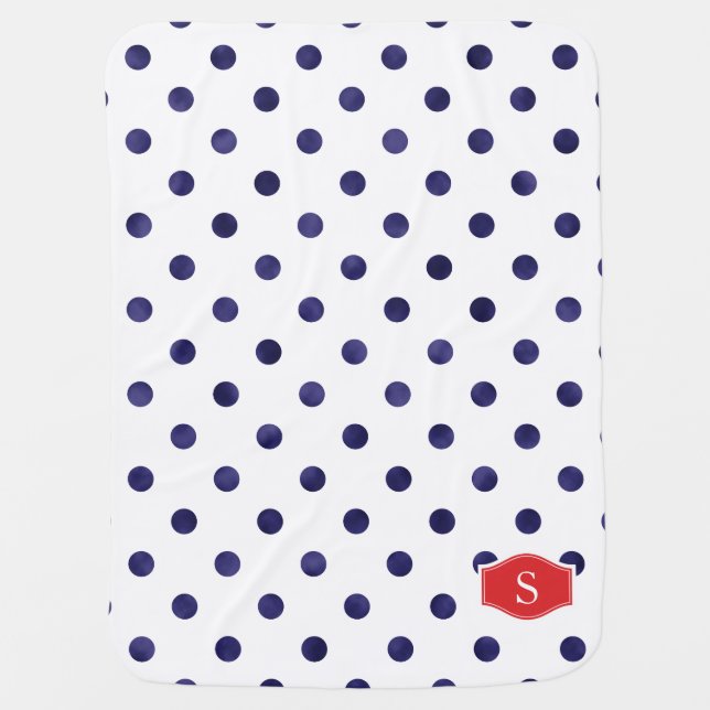 Chic blue and white polka dots patterns monogram stroller blanket (Front)