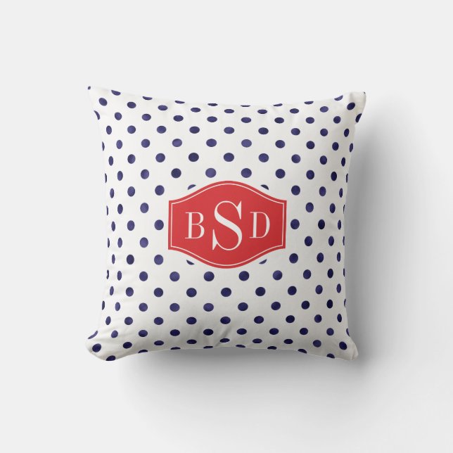 Chic blue and white polka dots patterns monogram throw pillow (Front)
