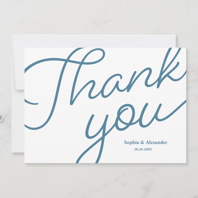 Chic Blue and white Script Wedding Thank you (Front)