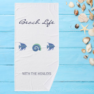 Chic Blue and White Sea Life Family Beach House  Bath Towel Set