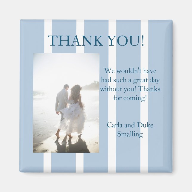 Chic Blue and White Stripe Thank You Favor Magnet (Front)