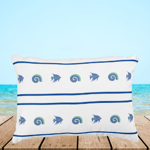Chic Blue and White Stripes Sea Shells and Fish Accent Pillow