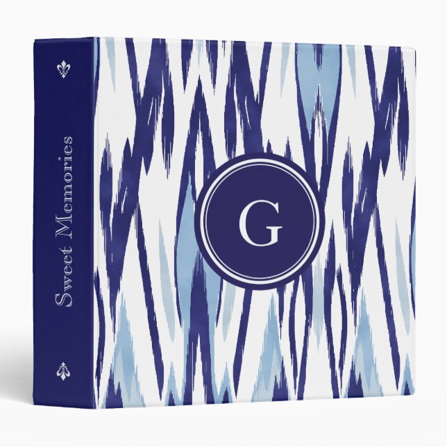 Chic blue and white watercolor ikat pattern binder (Front/Spine)
