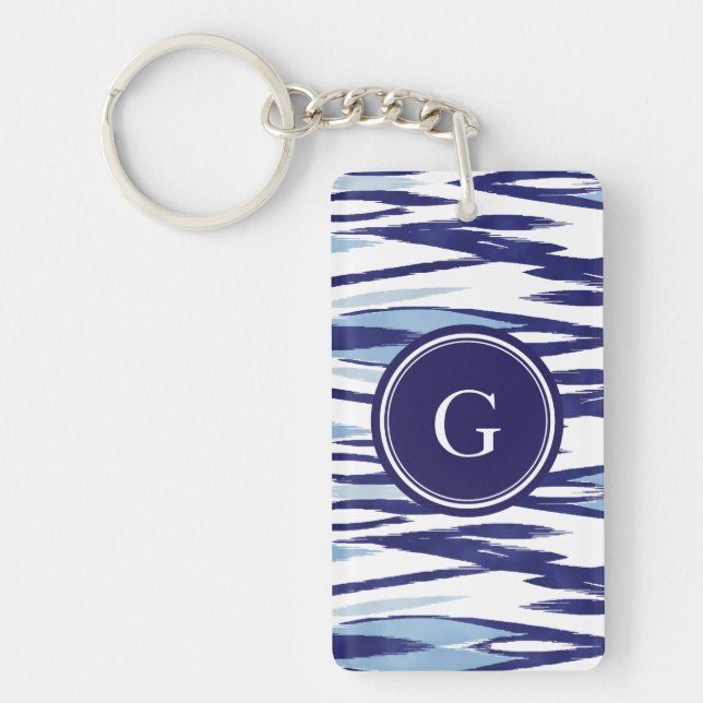 Chic blue and white watercolor ikat pattern keychain (Front)
