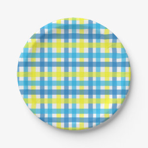 Chic blue and yellow checks party paper plates